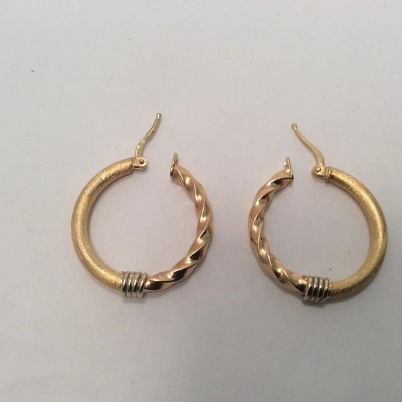 18K YELLOW Solid Real GOLD POLISHED PLAIN TWISTED HOOPS HOOP EARRINGS 1'' - Picture 4 of 8